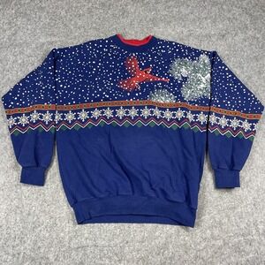 Vintage Orvis Sweatshirt Womens L/XL Blue Cardinal‎ Snowflake Crewneck USA 90s